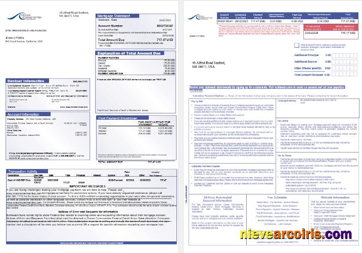 USA Maine Ocean Communities Federal Credit Union bank mortgage statement, 3 pages